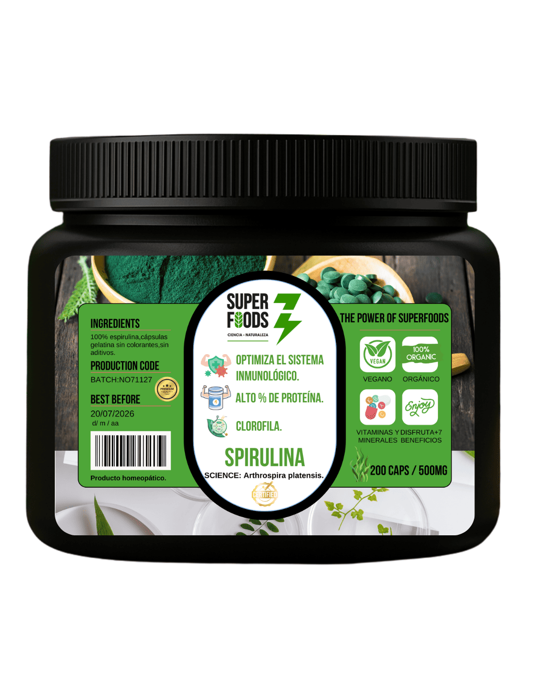 Espirulina Verde Premium 200 caps 500 mg