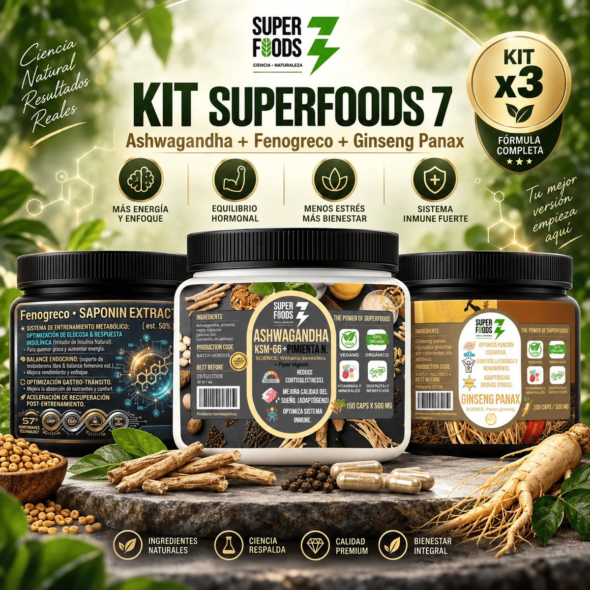 Kit Ashwagandha KSM-66, Ginseng Panax y Fenogreco