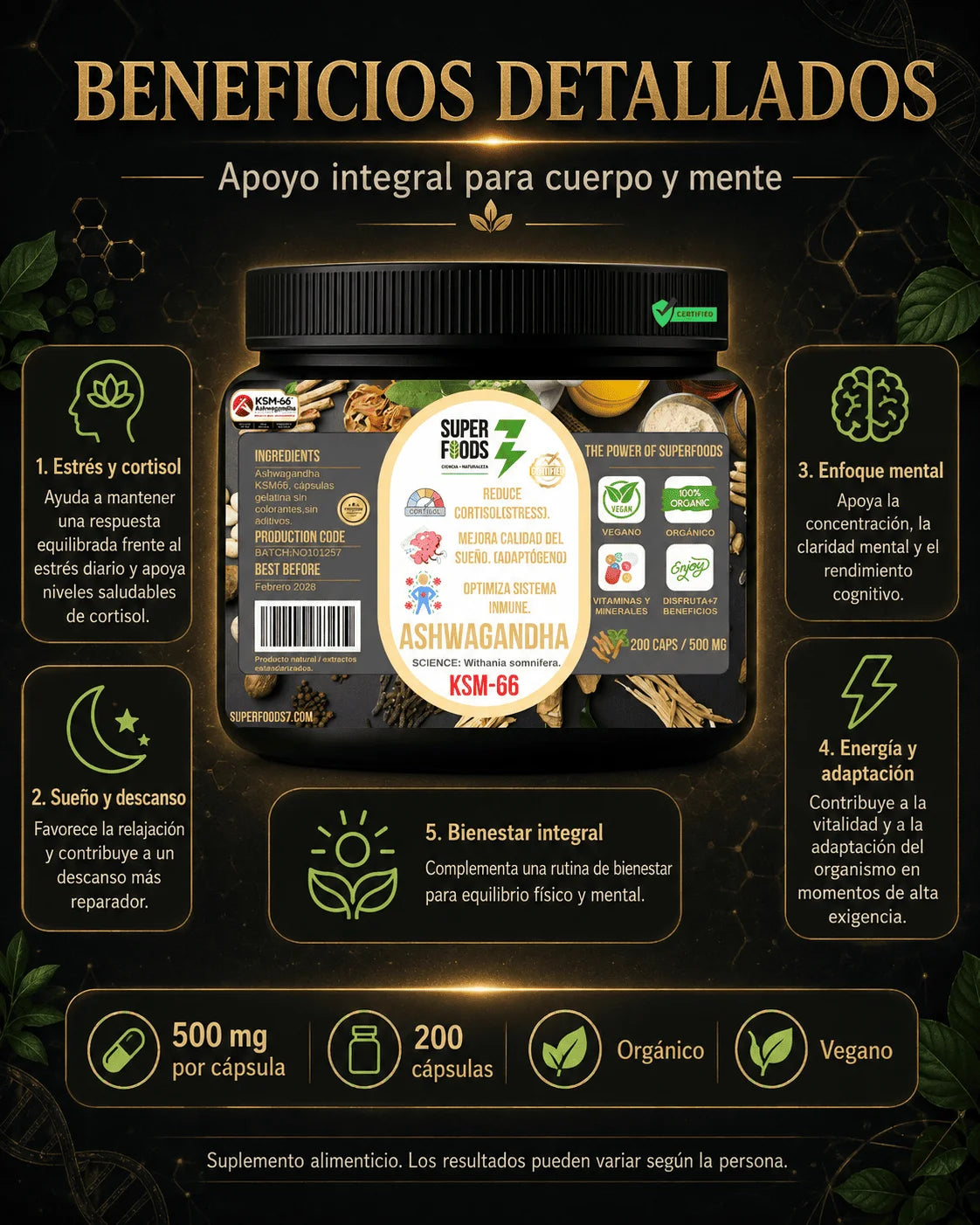 Ashwagandha KSM-66 200 cápsulas x 500 mg