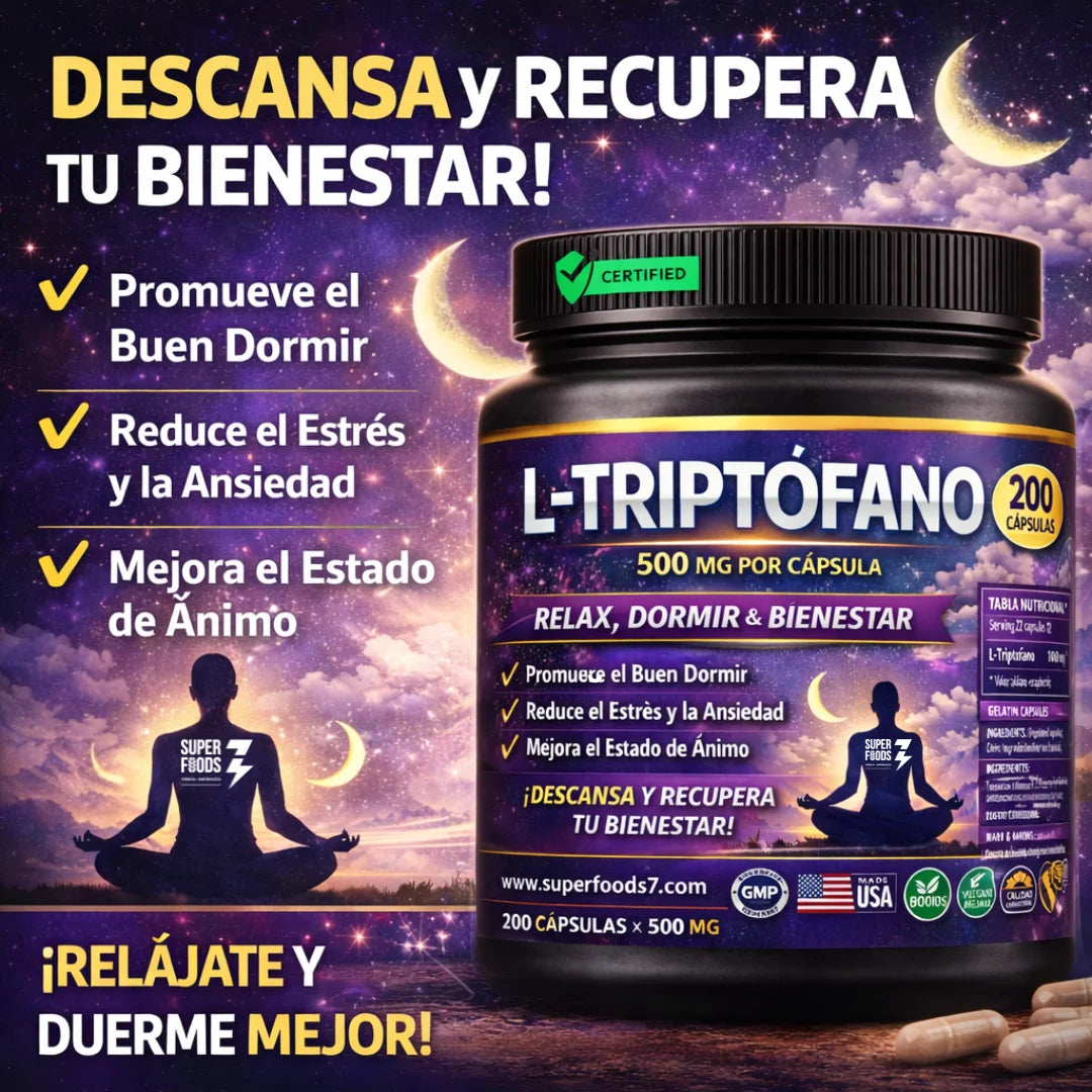 L-Triptofano 500 mg x 200 Cápsulas | Apoyo Natural para el Sueño, Estado de Ánimo y Estrés | Suplemento Dietario