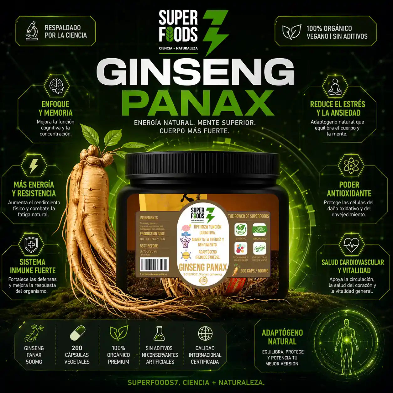 Ginseng panax 200 capsulas 500 mg