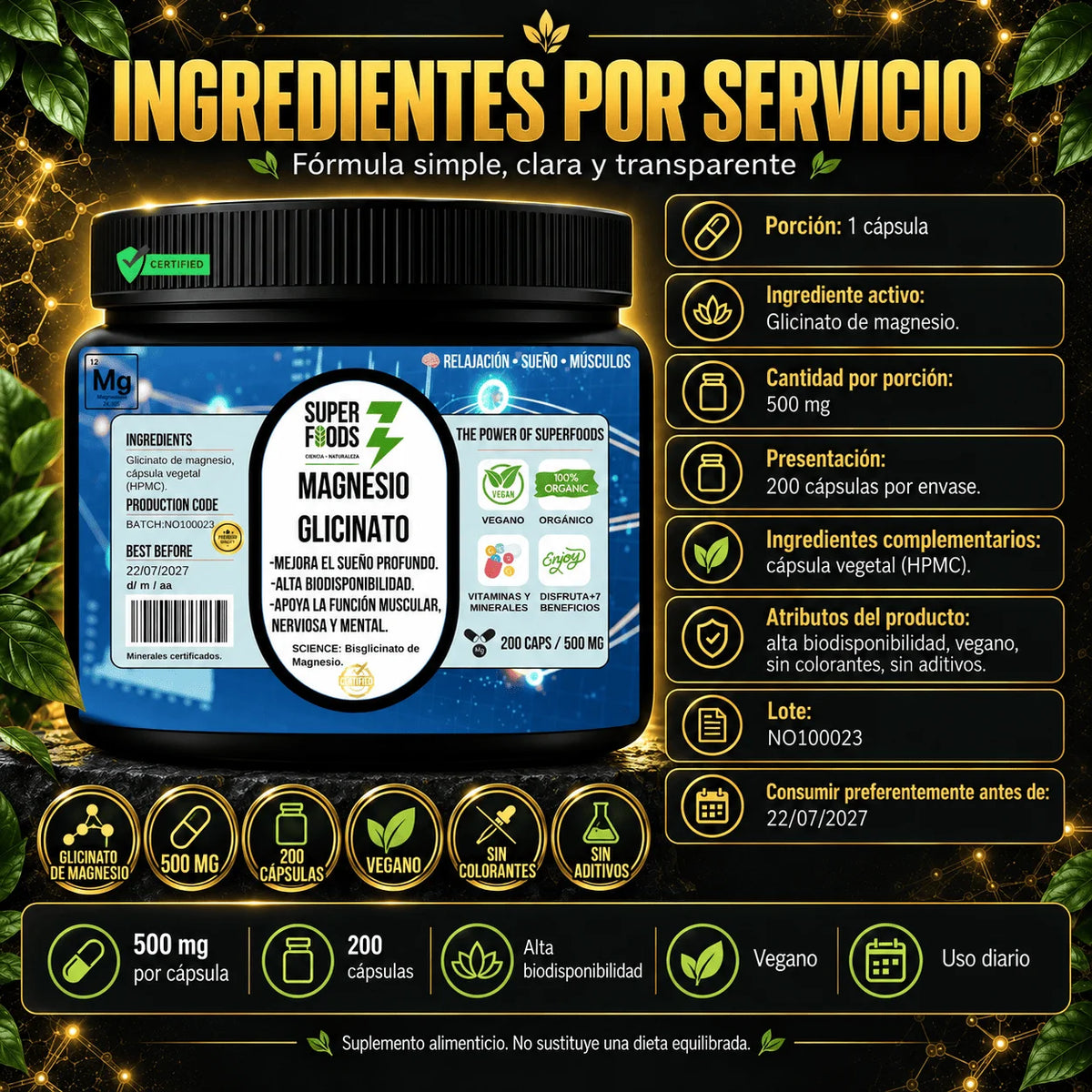 Glicinato de magnesio 200 capsulas 500 mg