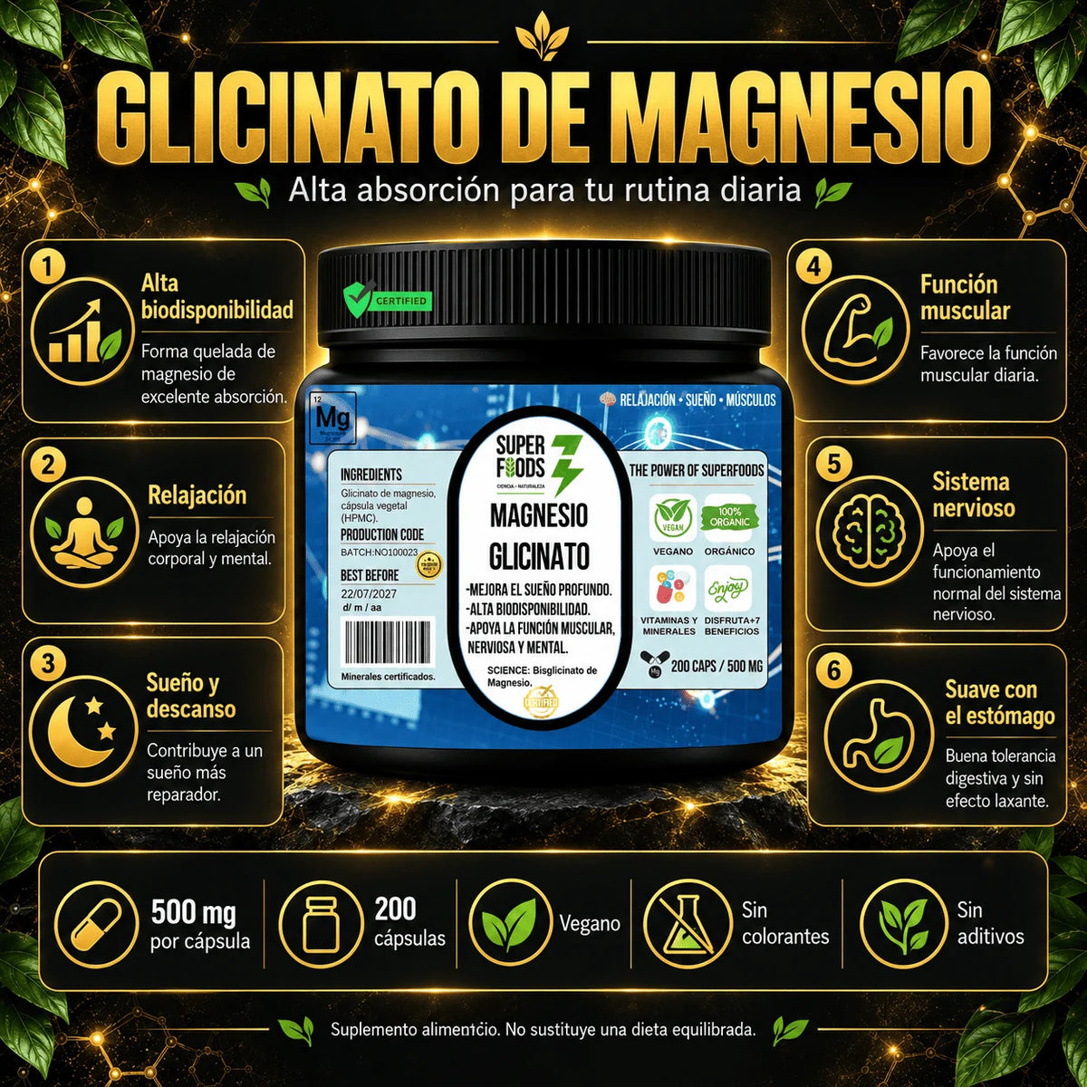 Glicinato de magnesio 200 capsulas 500 mg