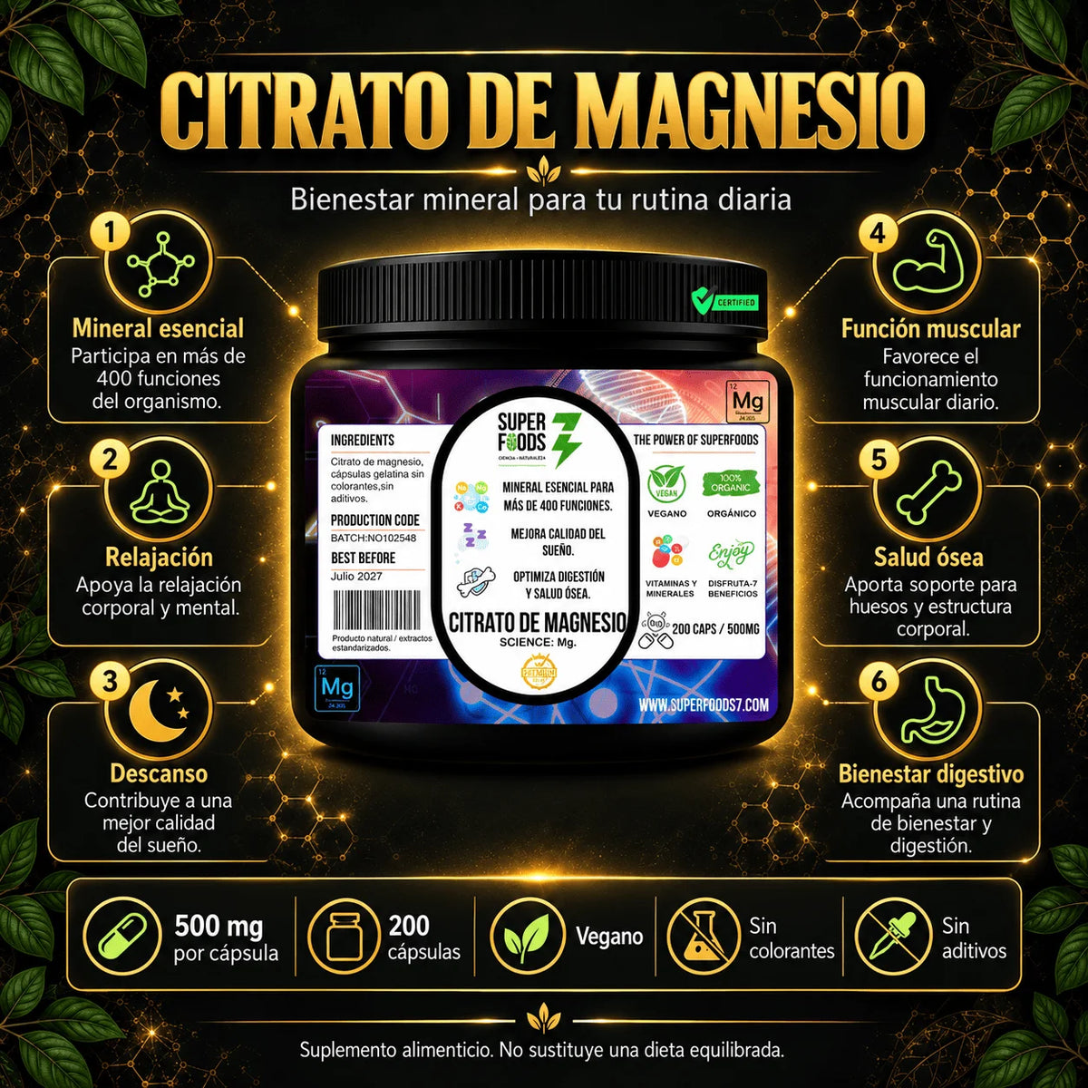 Citrato de magnesio 200 cápsulas