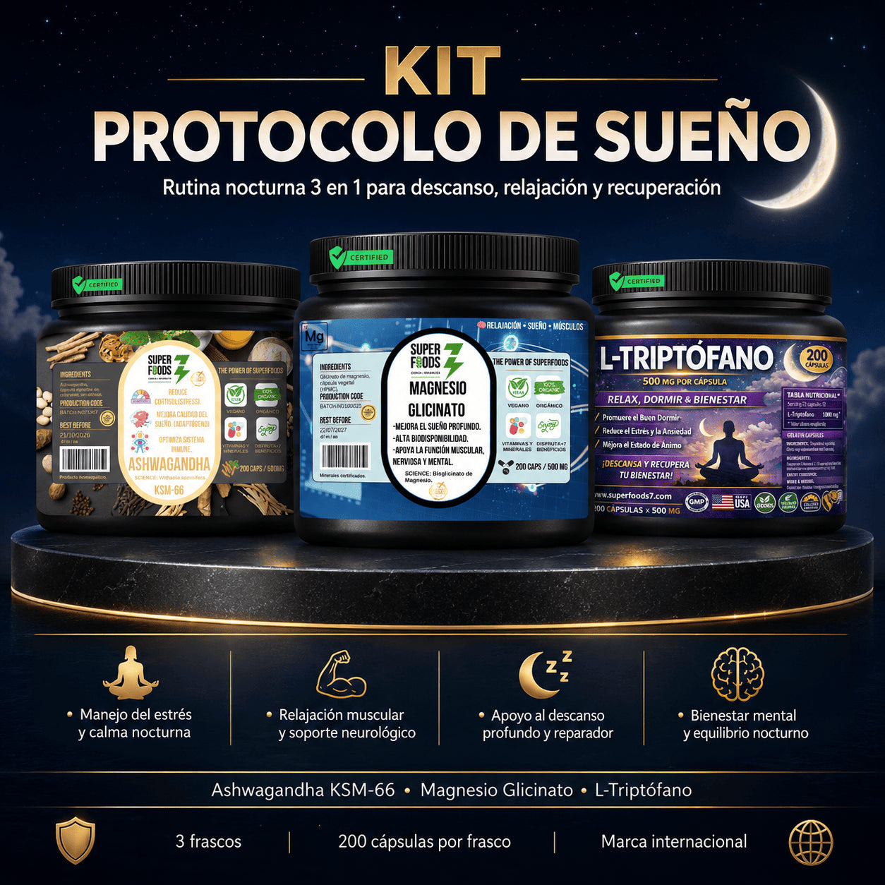 🌙 KIT SUEÑO – Ashwagandha KSM-66, Magnesio Glicinato y L-Triptófano