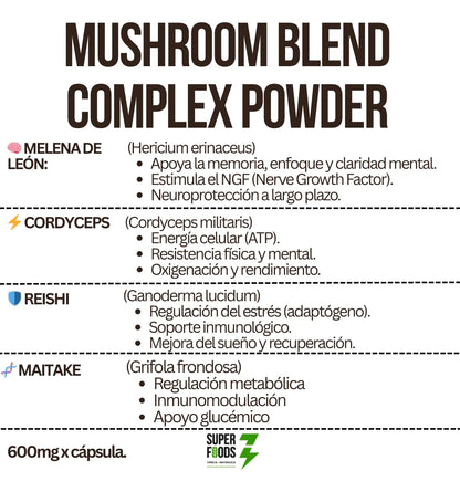Mushroom complex melena de leon cordyceps reishi maitake 100 capsulas 600 mg
