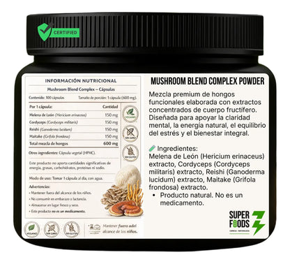 Mushroom complex melena de leon cordyceps reishi maitake 100 capsulas 600 mg