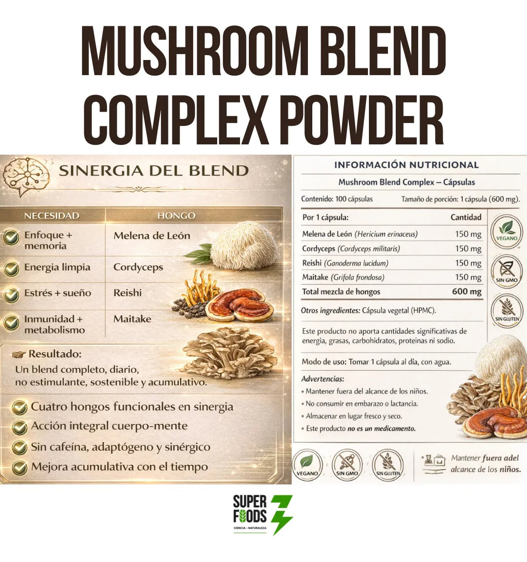 Mushroom complex melena de leon cordyceps reishi maitake 100 capsulas 600 mg
