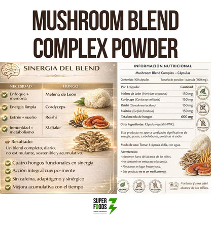 Mushroom complex melena de leon cordyceps reishi maitake 100 capsulas 600 mg